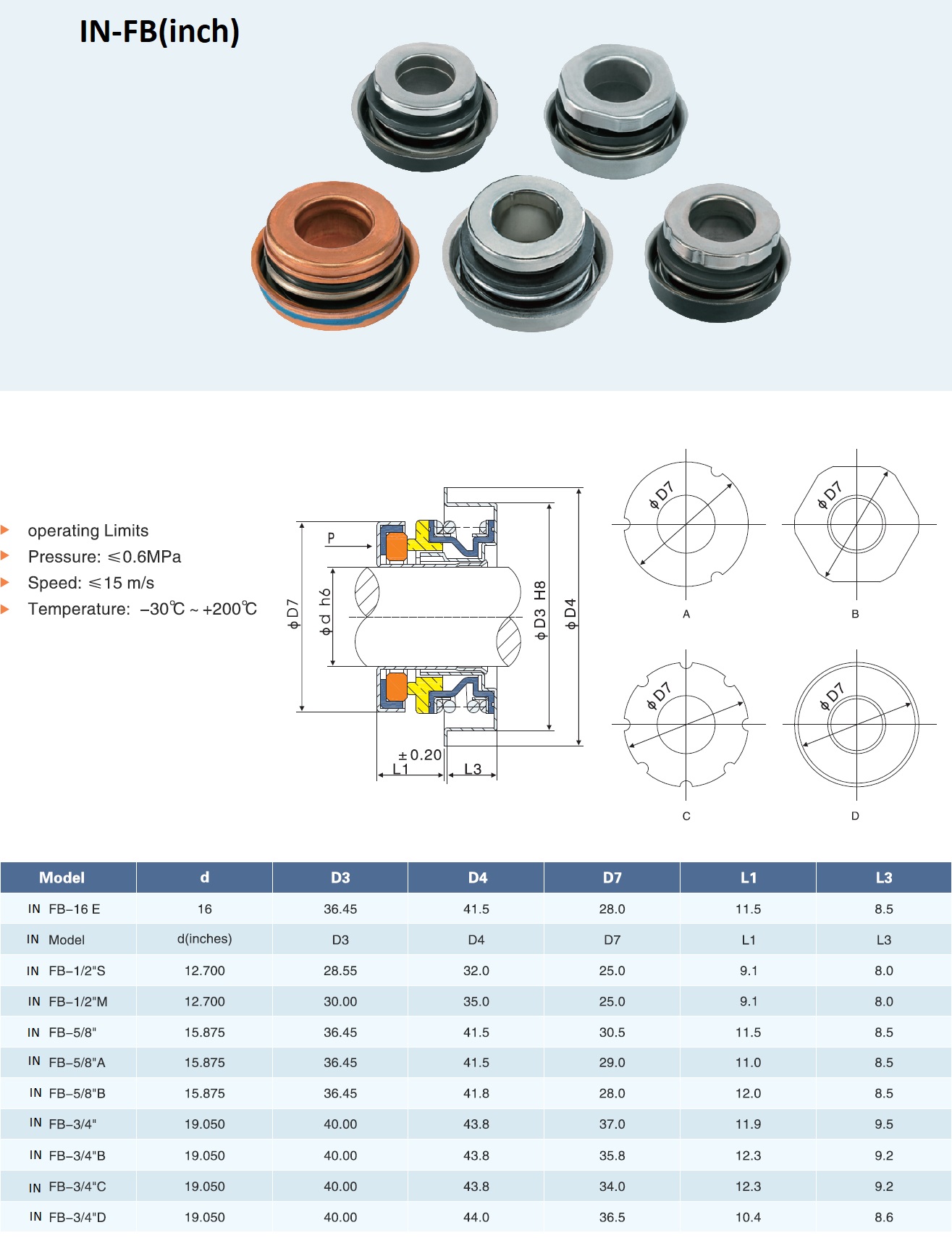 mechanical seal for motor pumps and type pumpsIN-FB(inch)